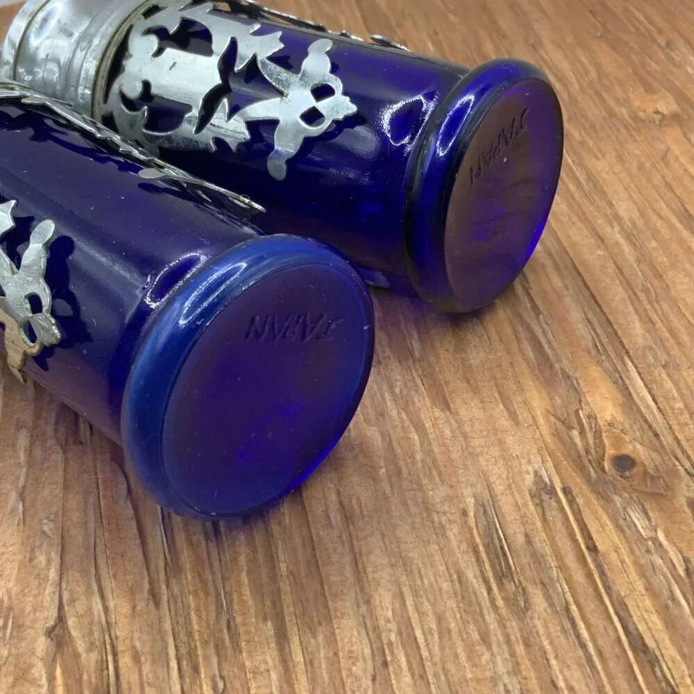 Coblat Blue Glass Vintage Japan Silver Plated Salt and Pepper Shakers